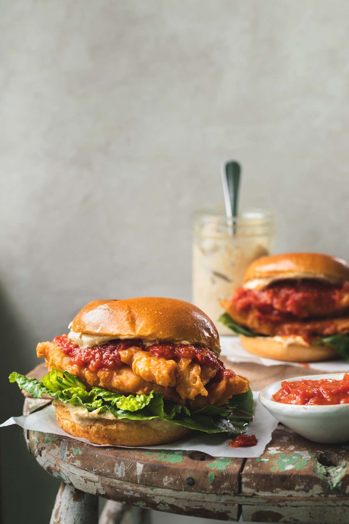 Beer Battered Fish Sandwich with Tahini Sauce and Tomato Relish The